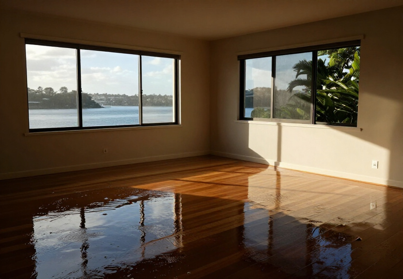 Flooded living room in North Willoughby home before restoration